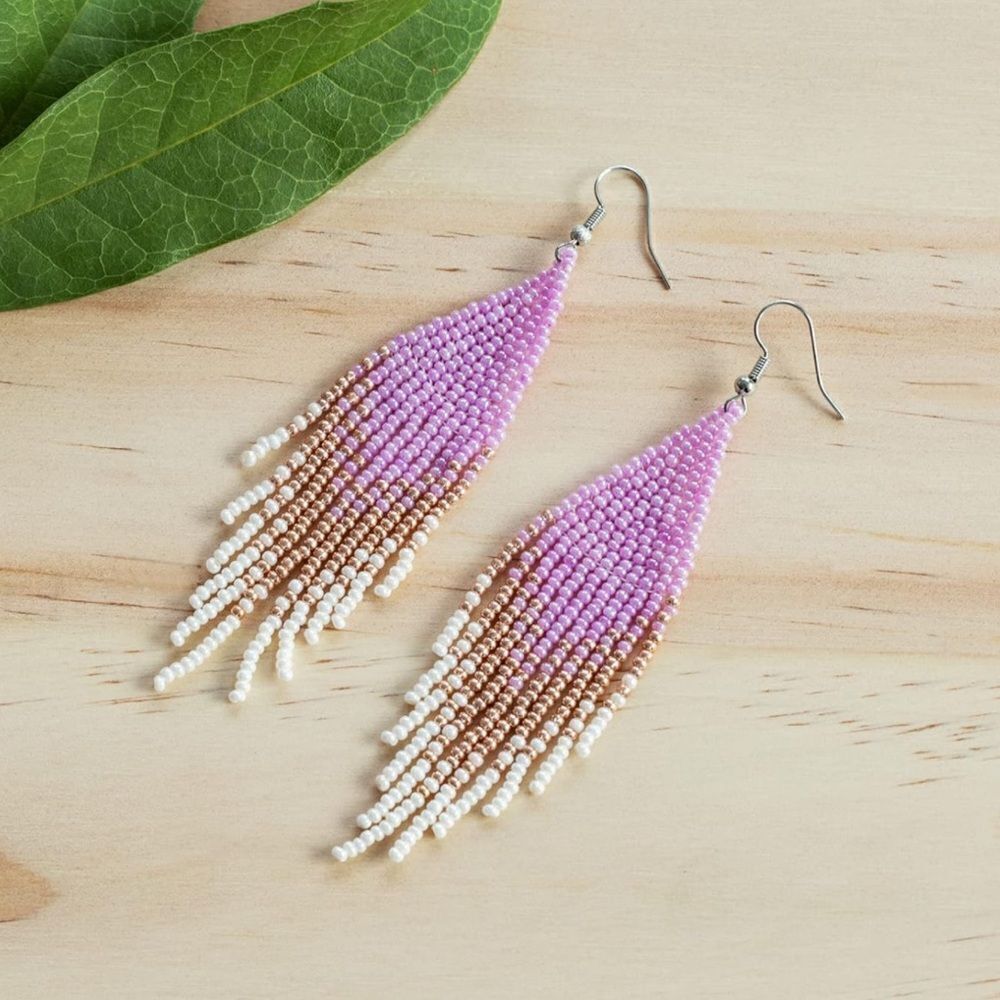 Purple Bohemian Seed Bead Tassel Dangling Statement French Wire Hook Earrings - Picture 2 of 6
